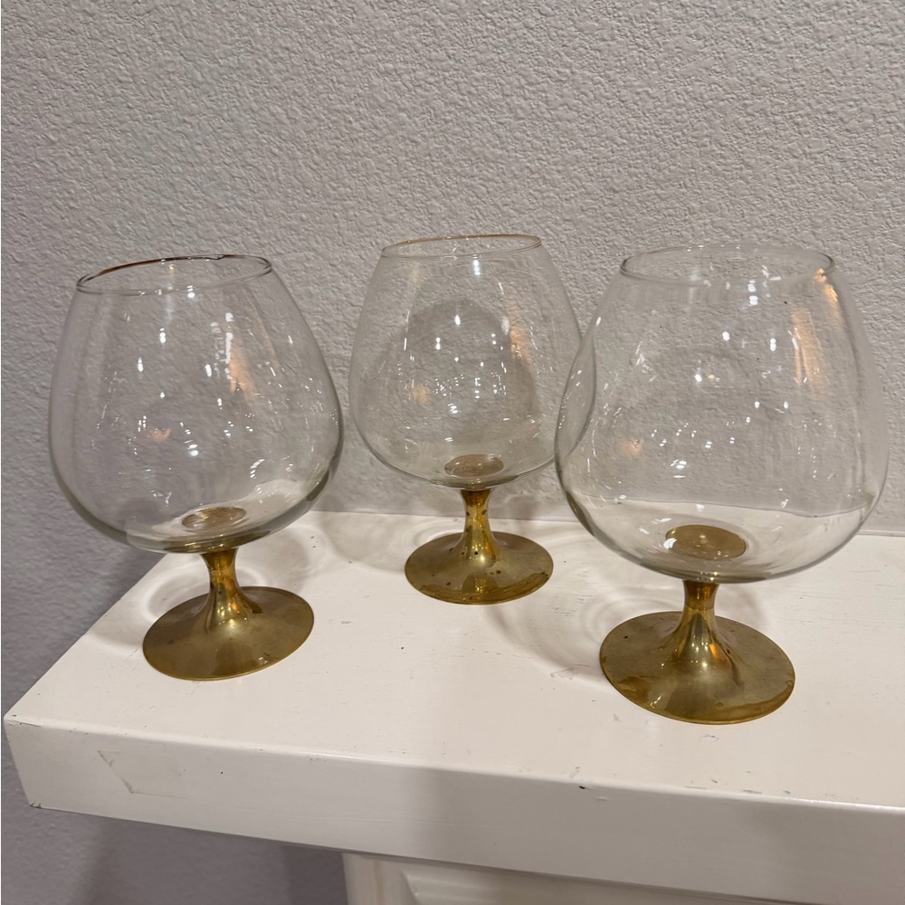 Vintage Brass Base Snifter Glasses Set of 3 Mid Century Style